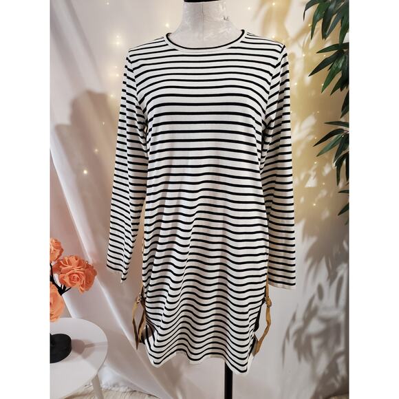 Derek Lam 10 Crosby Striped Cotton Buckle Shift Mini Tunic Dress Size L Buckle - Picture 1 of 10